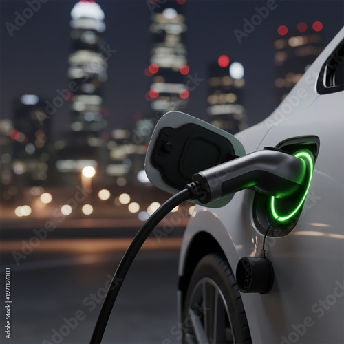 Electric vehicle EV charging plug with glowing green LED