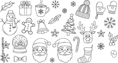 Whimsical Christmas Doodle Art Collection Featuring Santa Claus Gingerbread Man Reindeer and Winter Holiday Symbols