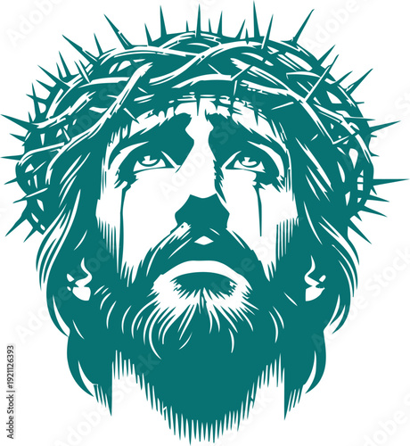 Stylized illustration depicting the suffering face of Jesus Christ wearing the crown of thorns during his crucifixion passion for religious themes