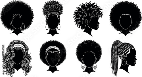 Large collection of diverse black woman head silhouettes with afro curly wavy and braided hairstyles wearing hoop earrings in flat vector illustration