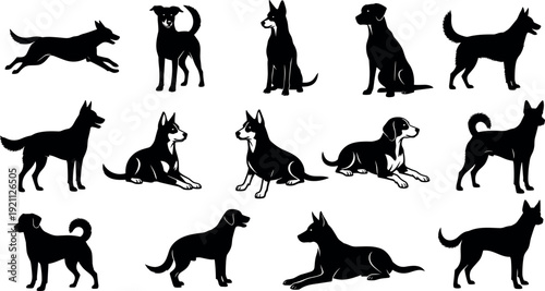 Large collection of dog silhouettes featuring various breeds in different poses like sitting running and lying down in black vector illustration set