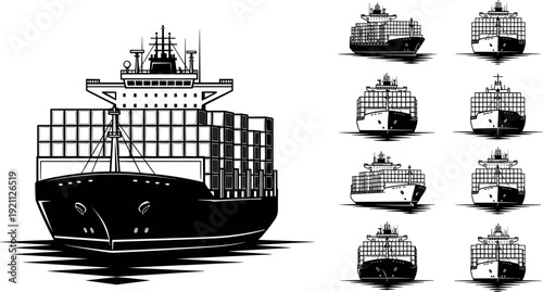 Large cargo container ship vessel at sea silhouette set for global logistics maritime transport and international commercial freight shipping industry vector illustration