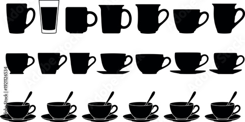 Large collection of coffee mugs tea cups and saucers with spoons in black silhouette vector illustration set for kitchen cafe and restaurant design