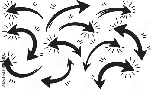 Black Arrows in Chaotic Motion with Dynamic Lines and White Background for Graphic Design