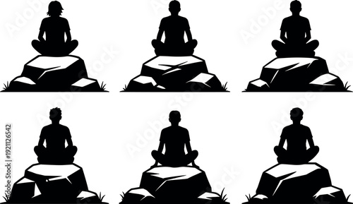 Set of people silhouettes sitting in lotus position meditating on rocks for mindfulness yoga zen and mental health wellness vector illustration