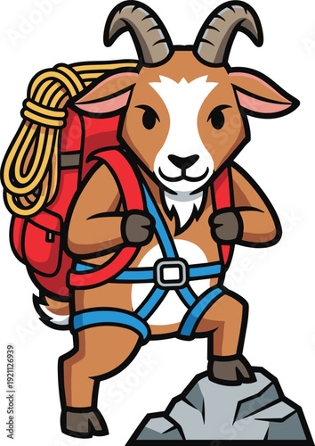 Cute mountain goat climber character with backpack adventure mascot cartoon vector illustration for outdoor exploration theme