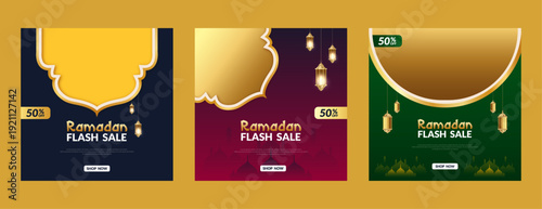 Ramadan Flash Sale Advertisement: A captivating promotional display, announcing exclusive offers during the holy month. Featuring stylized mosque silhouette and traditional lanterns.