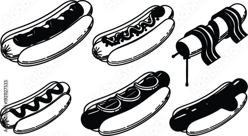 A collection of hot dogs with condiments and a bottle of ketchup on white