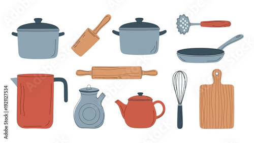 colorful flat lay cartoon of kitchen utensils including pots pans rolling pin and whisk ideal for cooking and recipe designs.