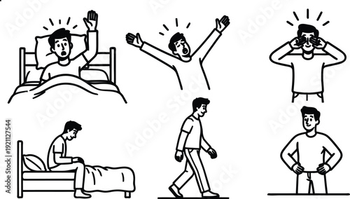 A set of six line drawings of a man experiencing different emotions and actions in various scenarios  sleeping to waking up and walking