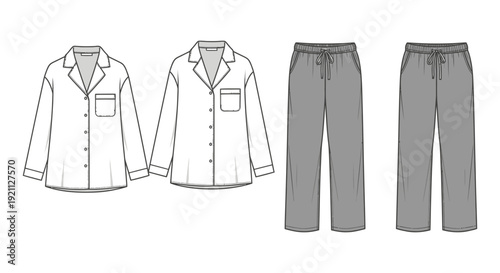 comfortable unisex pajama set featuring long-sleeved top and drawstring pants perfect for loungewear design and apparel illustration.