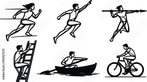 Black and white illustrations of various sports and activities  people running jumping climbing cycling and rowing in simple line art style