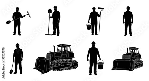 construction workers and heavy equipment outlines with hand tools and bulldozers representing industrial labor construction and development.