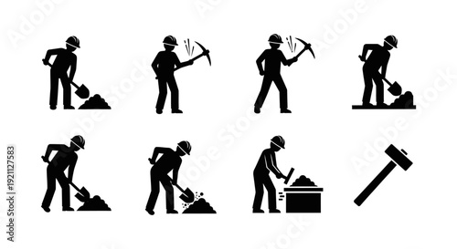 construction worker silhouettes performing manual labor using shovels and pickaxes depicting digging excavation and hard work in industry.