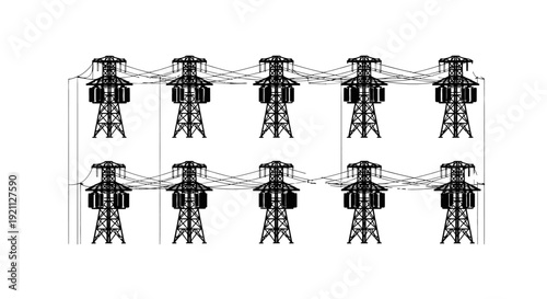 conceptual power grid network diagram with high-voltage electricity pylons illustrating modern energy distribution infrastructure.