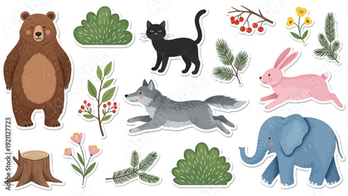 cute cartoon wild animals forest elements sticker pack for kids education. includes bear wolf rabbit elephant cat.