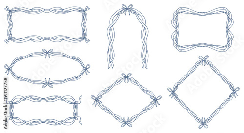decorative intertwined ribbon frames and arch with bows elegant line art borders for wedding invitations greeting cards.