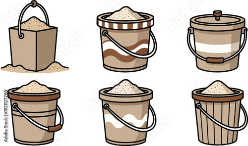 Set of six cartoonstyle illustrations of sand buckets and containers for beach and construction use  various designs
