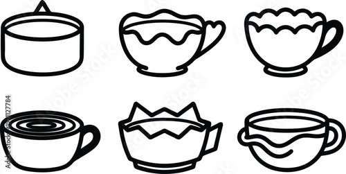 Set of six different tea cup line art illustrations  various designs and shapes  simple black and white clip art
