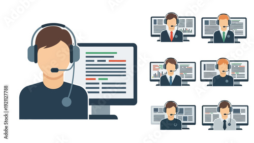 dedicated technical support and customer service agents with headsets working on computers illustrating online helpdesk and it solutions.