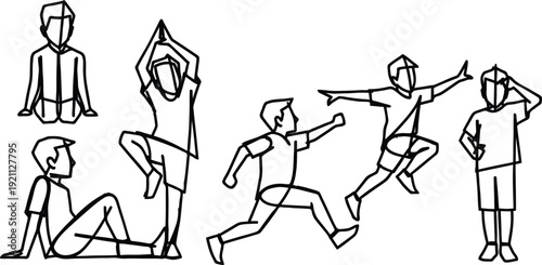Set of six stick figure people in various dynamic poses and movements on white background