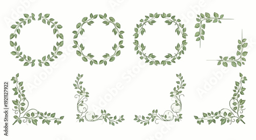 Collection of circular leaf wreaths and ornamental corner borders with a classic, hand-drawn feel. Great for certificates, invitations, and classic branding.