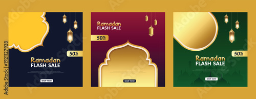 Ramadan Flash Sale Advertisement: A captivating array of Ramadan flash sale advertisements, featuring a blend of deep colors, elegant design elements, and symbolic lanterns.