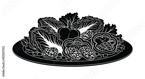 A striking black and white illustration showcases a platter of fresh vegetables presented in detailed silhouette high quality