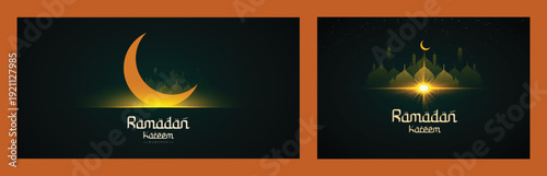 Ramadan Kareem Celebration Banner: Two glowing crescent moon and an illuminated mosque, symbolizing the spirituality of the holy month.