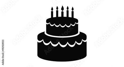 A black tiered birthday cake with six lit candles depicted in a stark simple silhouette high quality professional