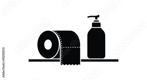 A simple black and white illustration depicts a roll of toilet paper and soap dispenser silhouette high quality