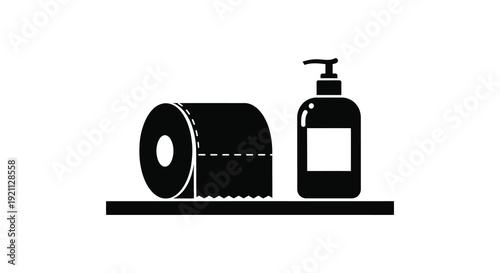 A simple graphic depicts a roll of toilet paper and a soap dispenser on a surface presented as a silhouette