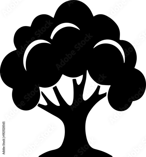 Minimalist black silhouette of a leafy tree with rounded canopy isolated on a white background, bold vector illustration with clean curves and strong contrast.