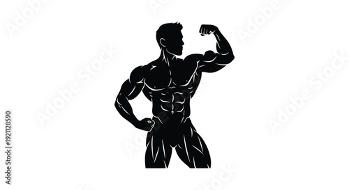 A strikingly detailed black silhouette depicts a muscular man flexing his bicep showcasing strength and physique silhouette