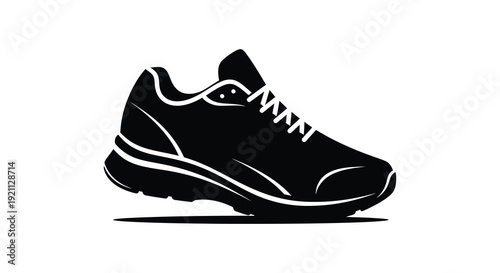 A striking black silhouette depicts a running shoe with visible laces and sole details emphasizing form silhouette