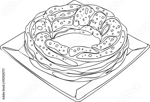 Minimalist one line drawing of a bundt cake or glazed donut pastry minimalist vector illustration isolated on white background