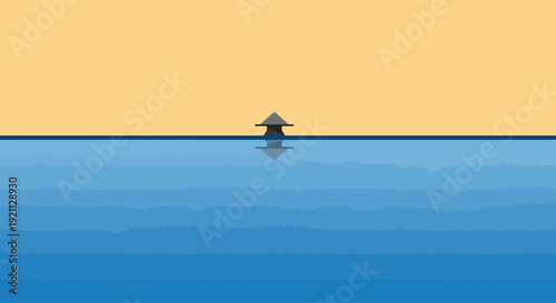 Minimalist boat sailing on calm blue water at sunset.