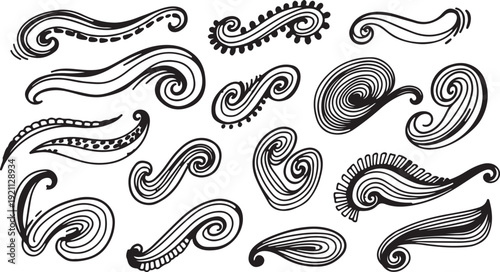 Paisley patterns in black and white illustration with intricate designs and swirling motifs for textile design