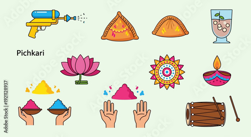 Vibrant Holi Festival Elements Collection Celebrating Indian Culture and Traditions.