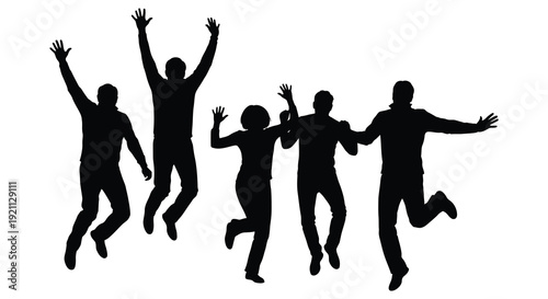 A group of people joyfully jumping and celebrating with arms raised high against a plain background silhouette