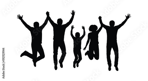 Four people joyfully jumping in the air with arms raised displaying a celebratory moment as a silhouette