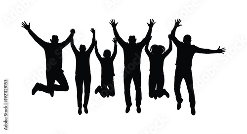 A group of people joyfully leaping in the air arms raised high creating a dynamic silhouette high quality