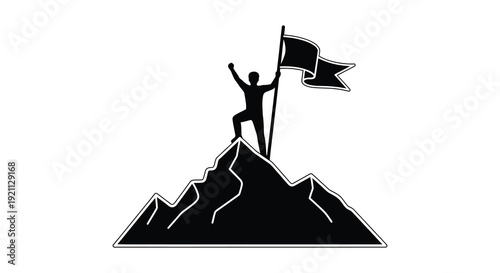 A victorious figure stands atop a mountain peak arms raised in triumph presented as a striking silhouette