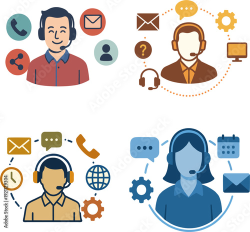 Customer Support Agents  Call Center Services with Communication Channel Icons