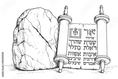 Hand Drawn Sketch of Torah Scroll and Stone Tablets, Ten Commandments Vector Illustration