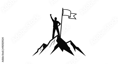 A triumphant figure stands atop a mountain peak raising a flag in a bold striking silhouette high quality
