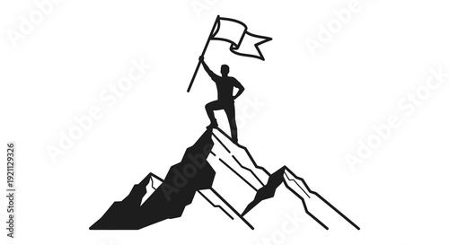 A determined figure raises a flag atop a mountain peak symbolizing victory and achievement a striking silhouette