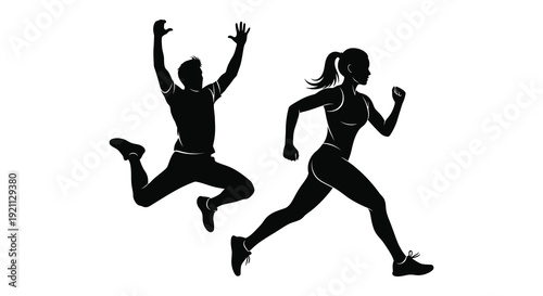 A dynamic illustration depicts a man and woman joyfully running arms raised in a celebratory pose silhouette