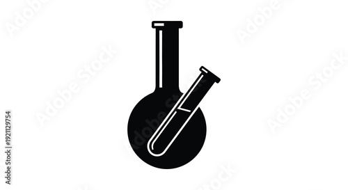 A stark black silhouette depicts a rounded flask with a slender tube inserted creating a scientific image silhouette