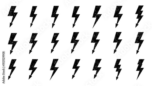 distressed black lightning bolt icons with grunge texture isolated on white background representing power energy and danger for graphic design projects.